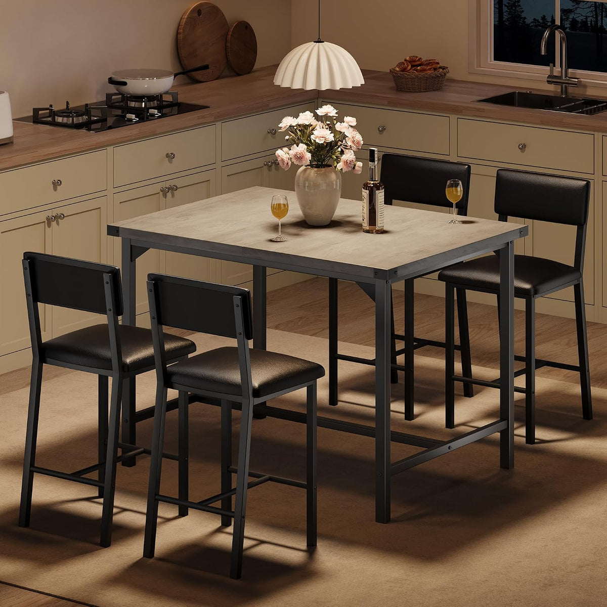 GarveeHome Dining Table Set for 4 with Corner Protector, Kitchen Table Set w/Footrest & Backrest, Counter Height Table with 4 Upholstered Bar Chairs, for Small Space, Retro Gray