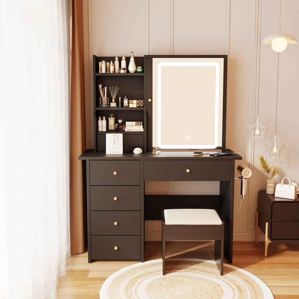 Vanity Desk with Mirror and LED Lights, Makeup Vanity Set with Power Outlet f...