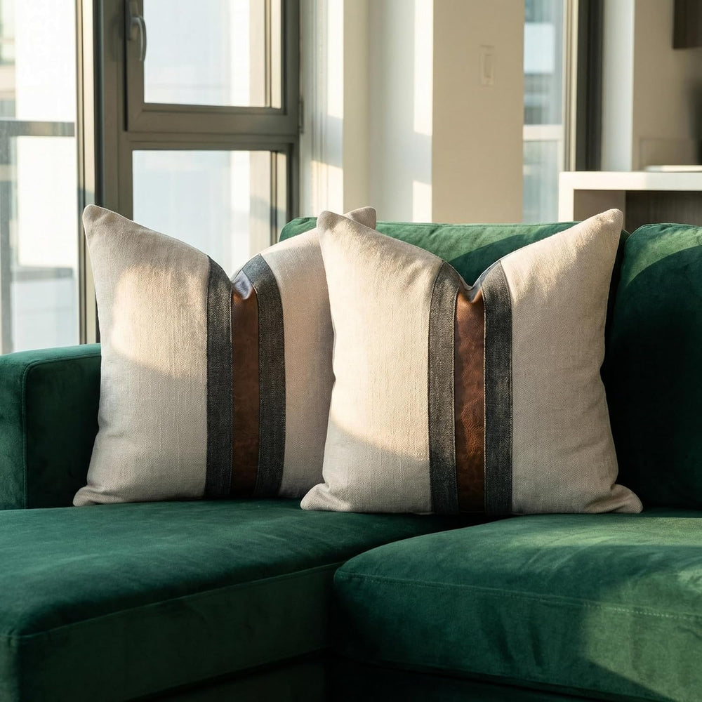 Set of 2 Leather Throw Pillow Covers Cotton Linen Decor Patchwork Pillow Cove...