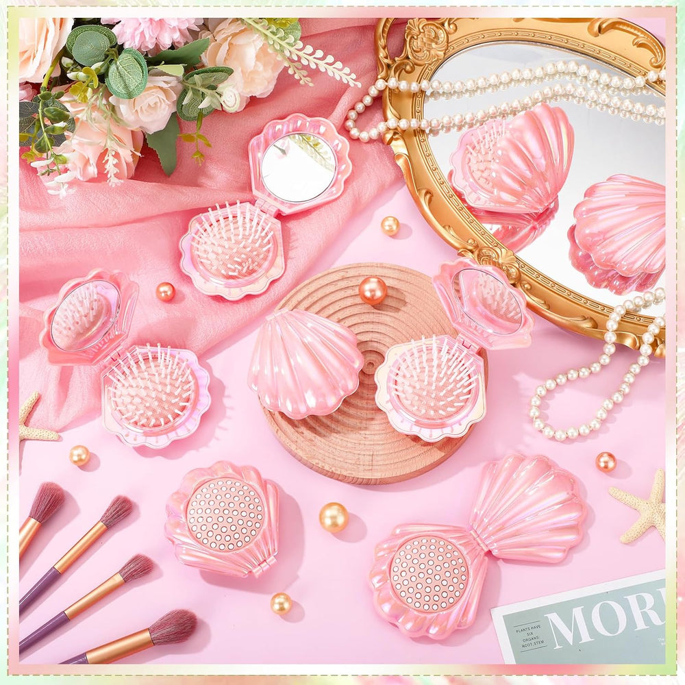 12 Pcs Mermaid Party Favors Shell Hair Brush Mirror, Pink