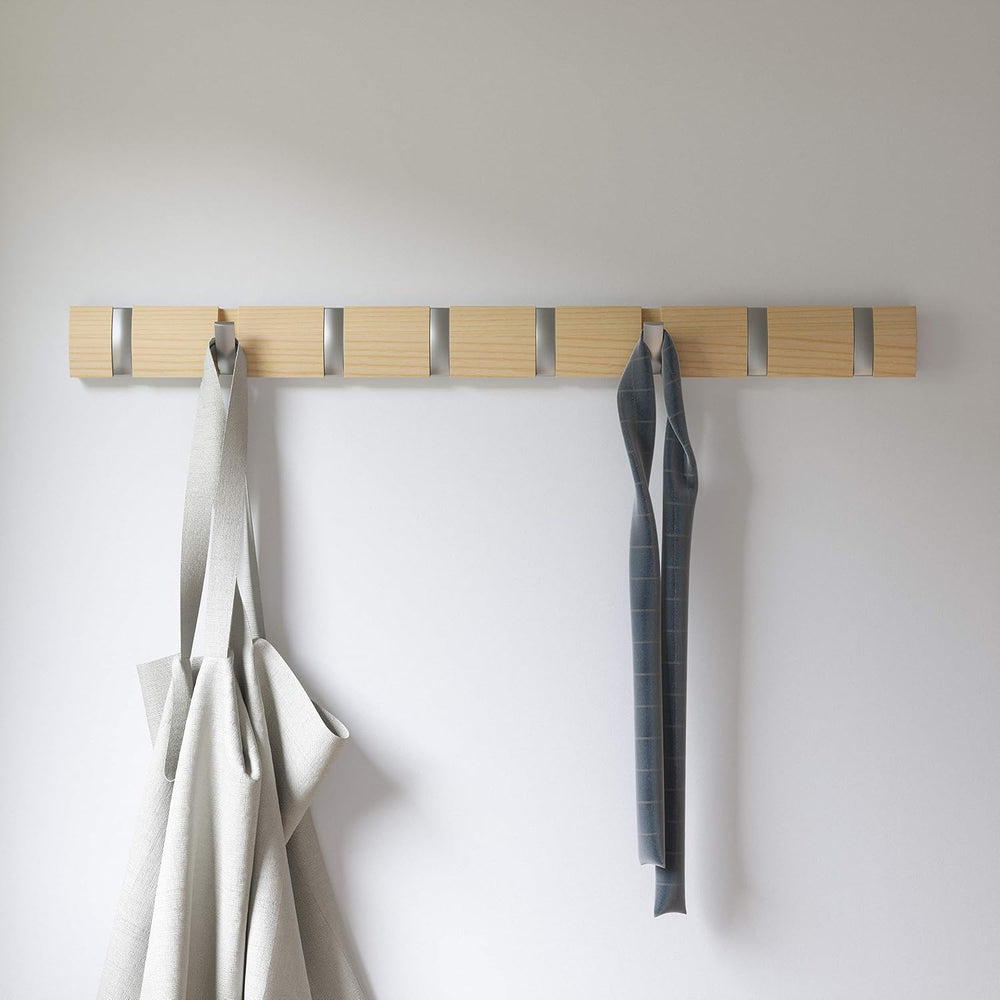 Umbra Flip Coat Rack, Wall Mount 8-Hook, Space Saving, Natural/Nickel
