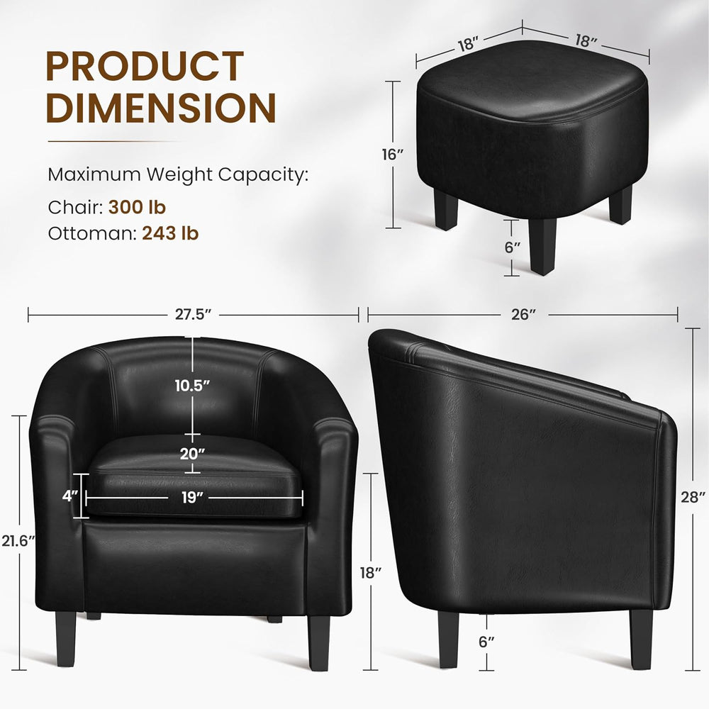 Yaheetech Accent Chairs with Ottoman, Faux Leather Barrel Chairs, Black