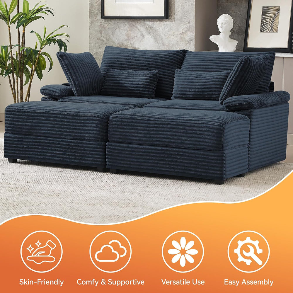 75" Corduroy Loveseat with Storage Ottoman, Cloud Deep Seat Couch with C...