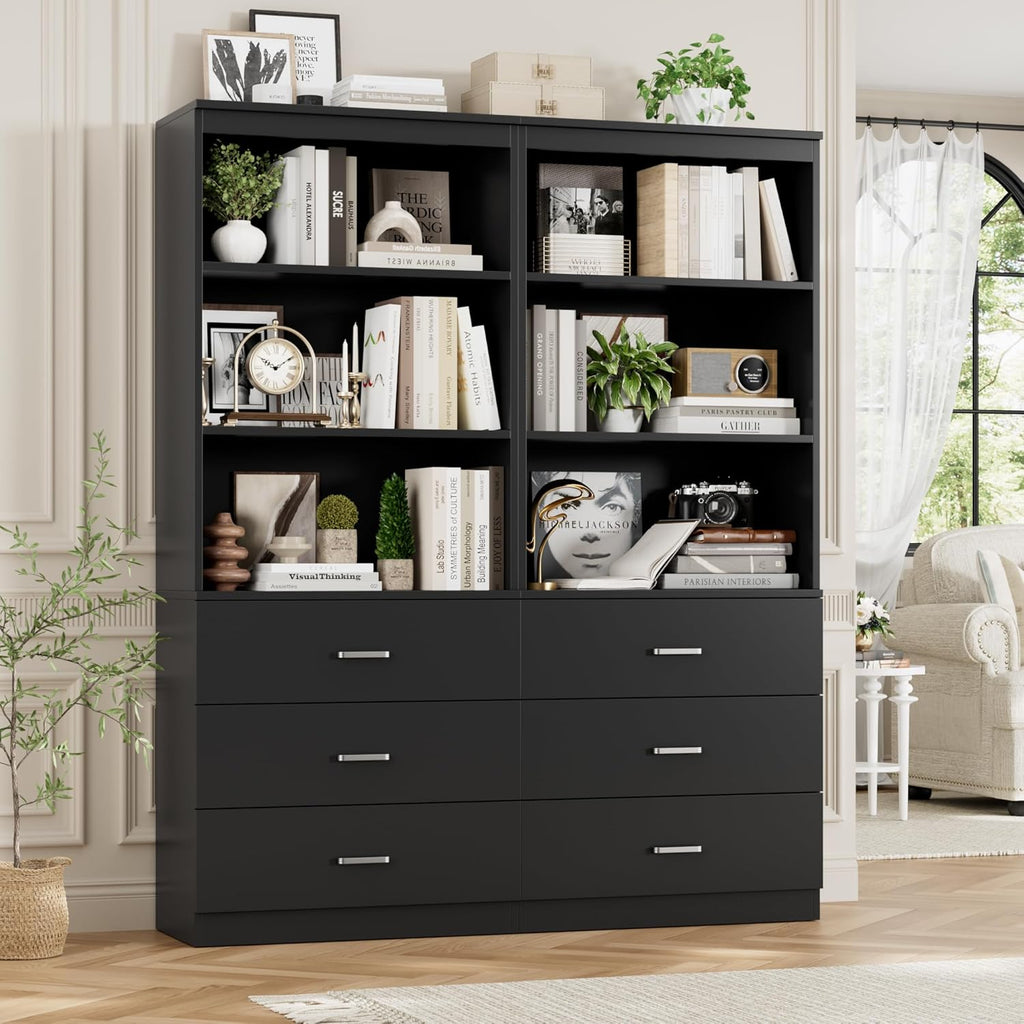 FOTOSOK 71" Black Bookshelf with 3 Drawers, Tall Bookshelf and Bookcase