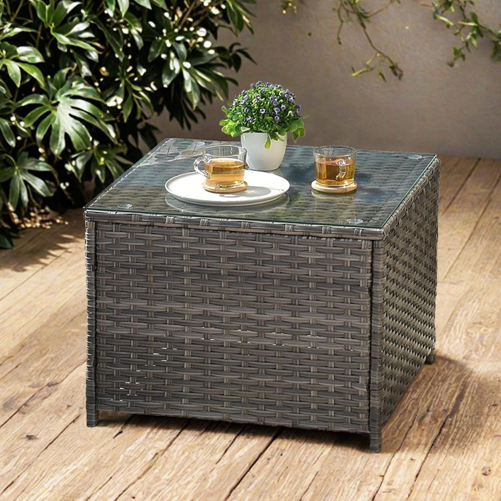 ovios Outdoor Side Table with Tempered Glass Top, Patio Wicker Coffee Table, ...