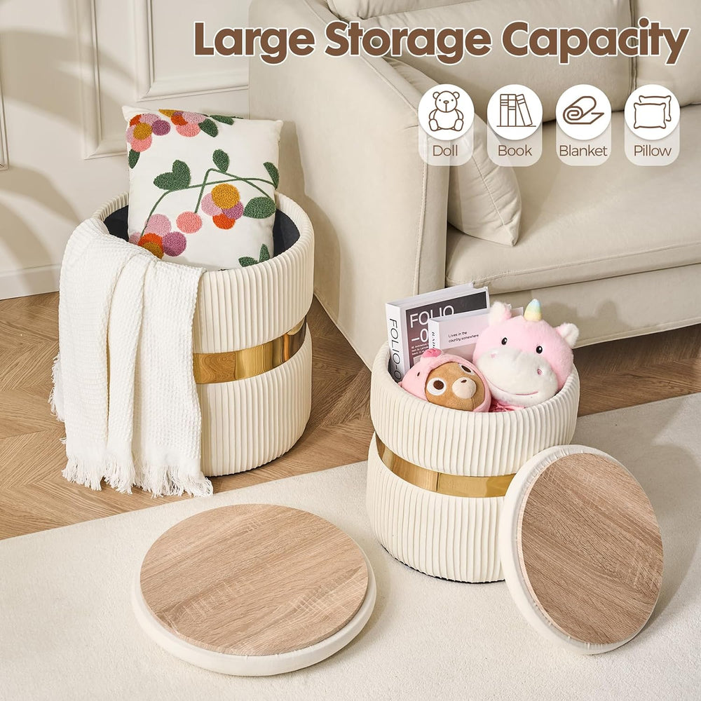 Round Ottoman with Storage Set of 2 White Velvet Vanity Stool
