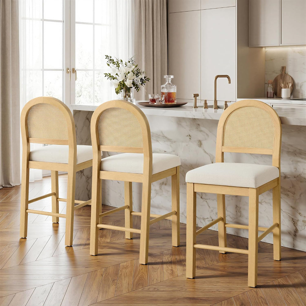 Upholstered Rattan Bar Stools, 26'' Counter Height, Set of 2, Natural