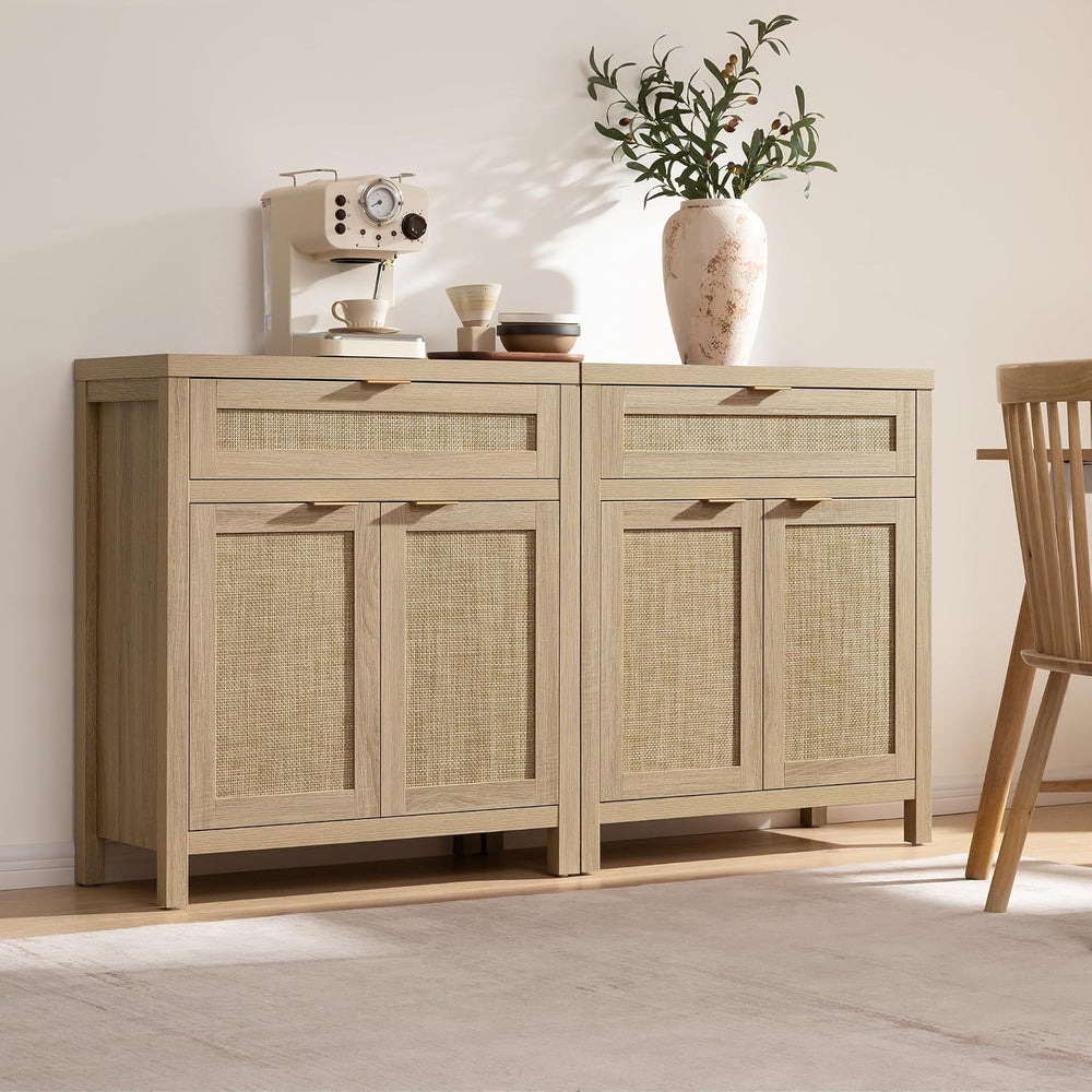 SICOTAS Sideboard Buffet Storage Cabinet, Rattan Accent Cabinet with Doors