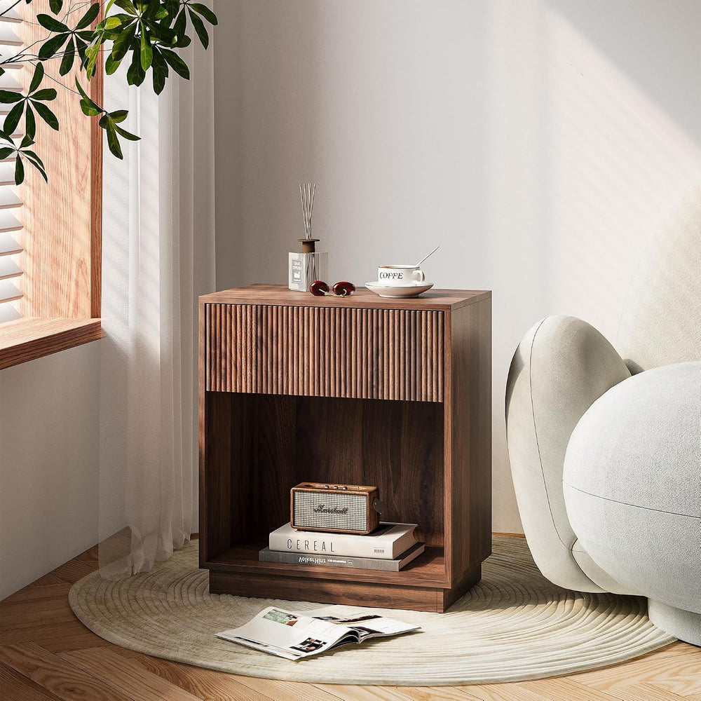 Fluted Nightstands Set of 2, Modern Bedside Table with Storage Drawer and Ope...