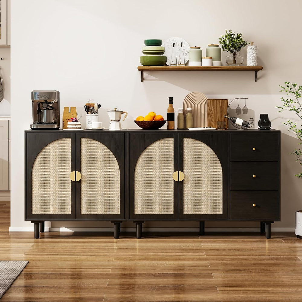 Black Minimalist 2-Door Sideboard with Woven Textured Panels, Black Storage C...