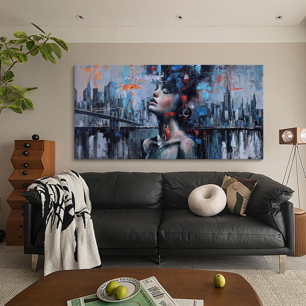 Navy Blue Abstract Wall Art Woman Picture for Living Room Modern Home Bedroom...
