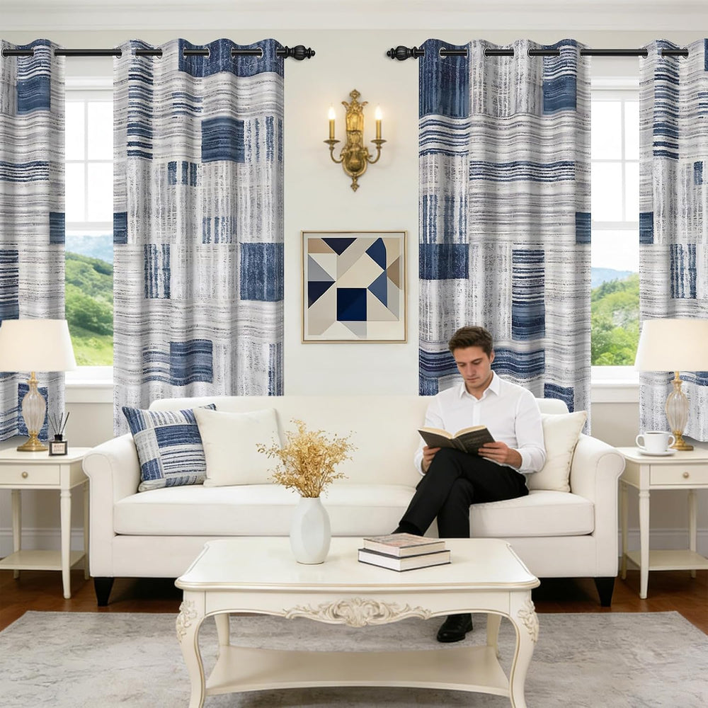 Blue Abstract Room Darkening Curtains 63 Inches Long, 90% Blackout Gray Rust ...