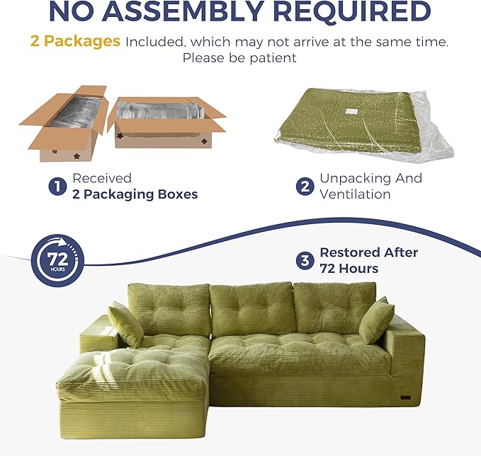 MAXYOYO 104" L Shaped Modular Sectional Sofa with Ottoman, Cloud Couch with Layered Cushion, Upholstered Sofa in a Box, Flexible Module Combination for Living Room, No Assembly, Green