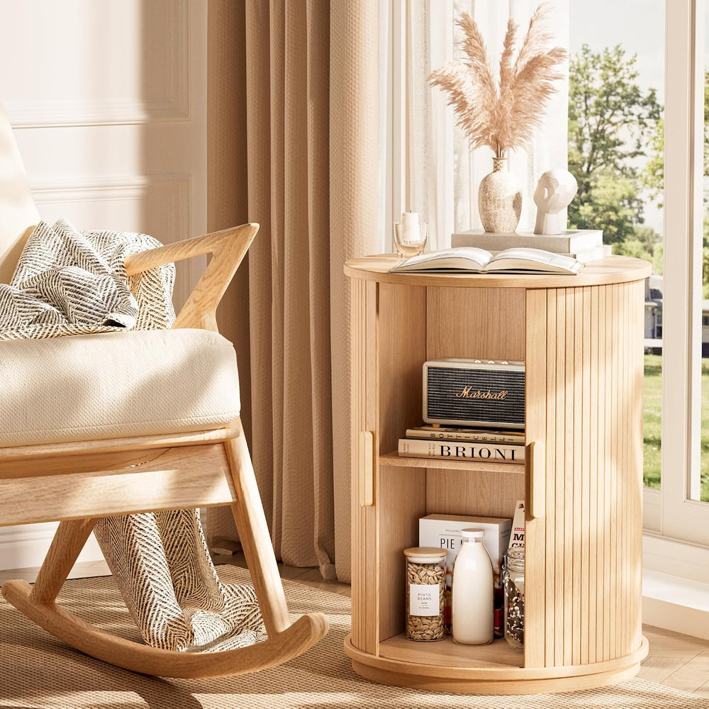 INNOD Side Table with Storage for Living Room, Round End Table with Sliding T...