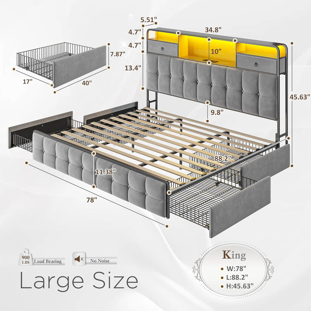 EnHomee King Bed Frame with 6 Drawers and Velvet Storage Headboard,Grey