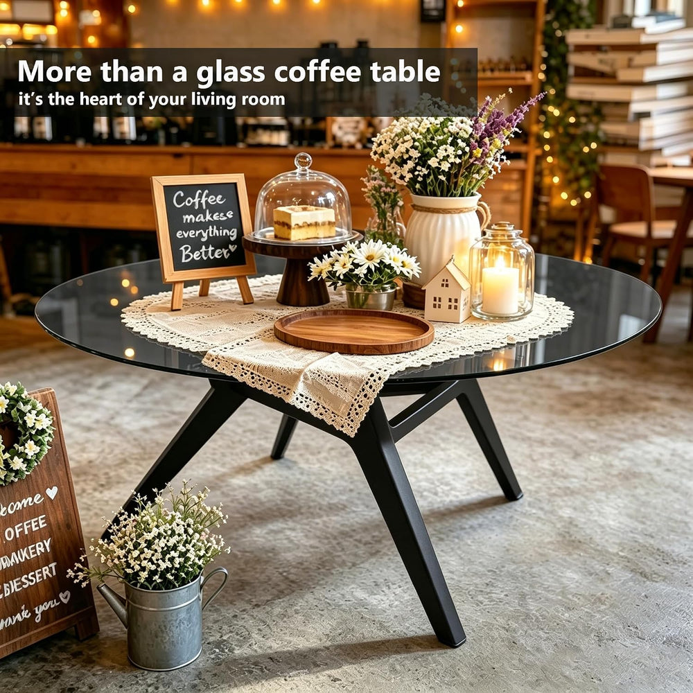 Vlsrka Round Glass Coffee Table, Soild Wood Base, 31.5" W, Black