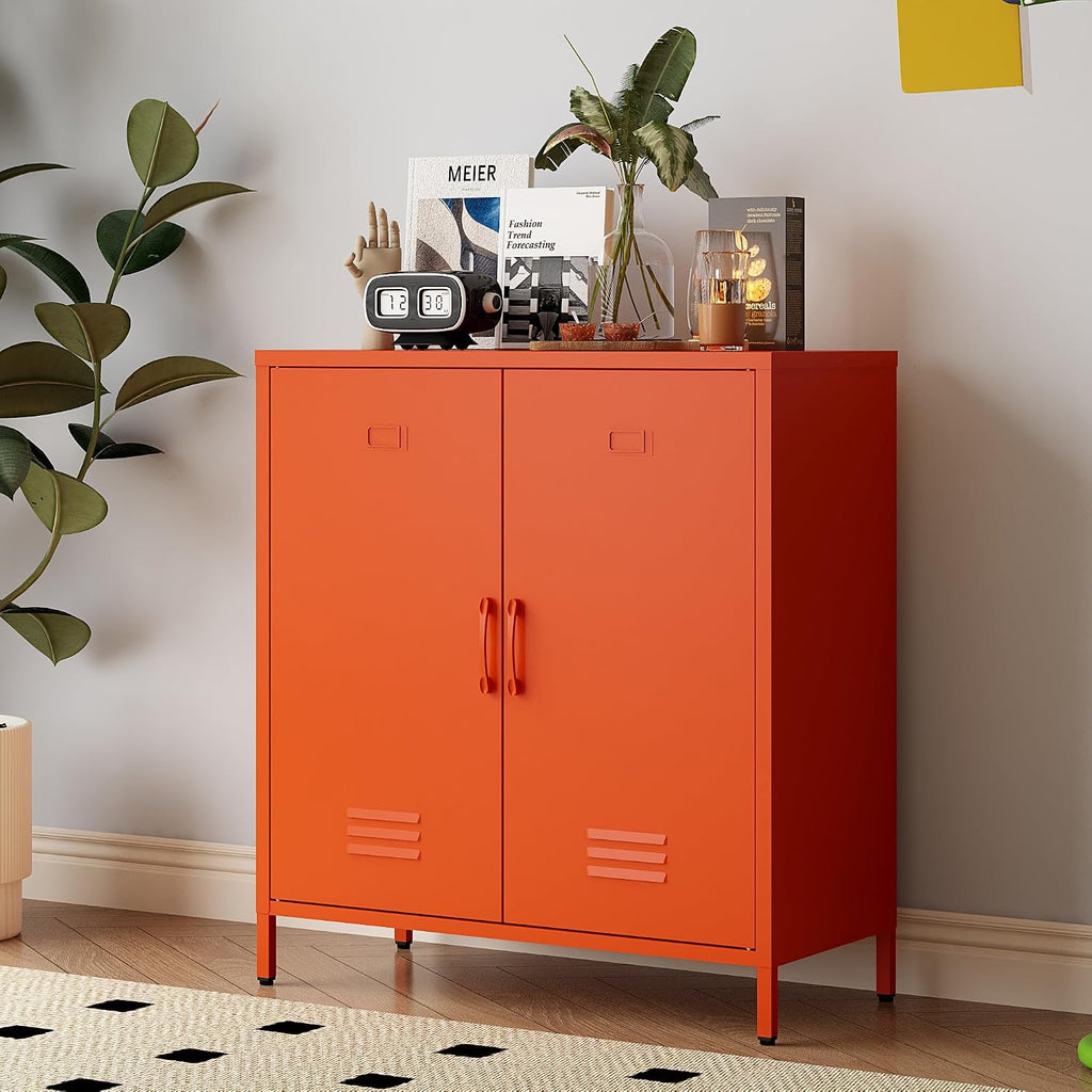 Metal Storage Cabinet with Adjustable Shelves & Magnetic Doorstops, 2-Door Metal Side Cabinet, Storage Cabinets for Living Room Kitchen Office,Orange