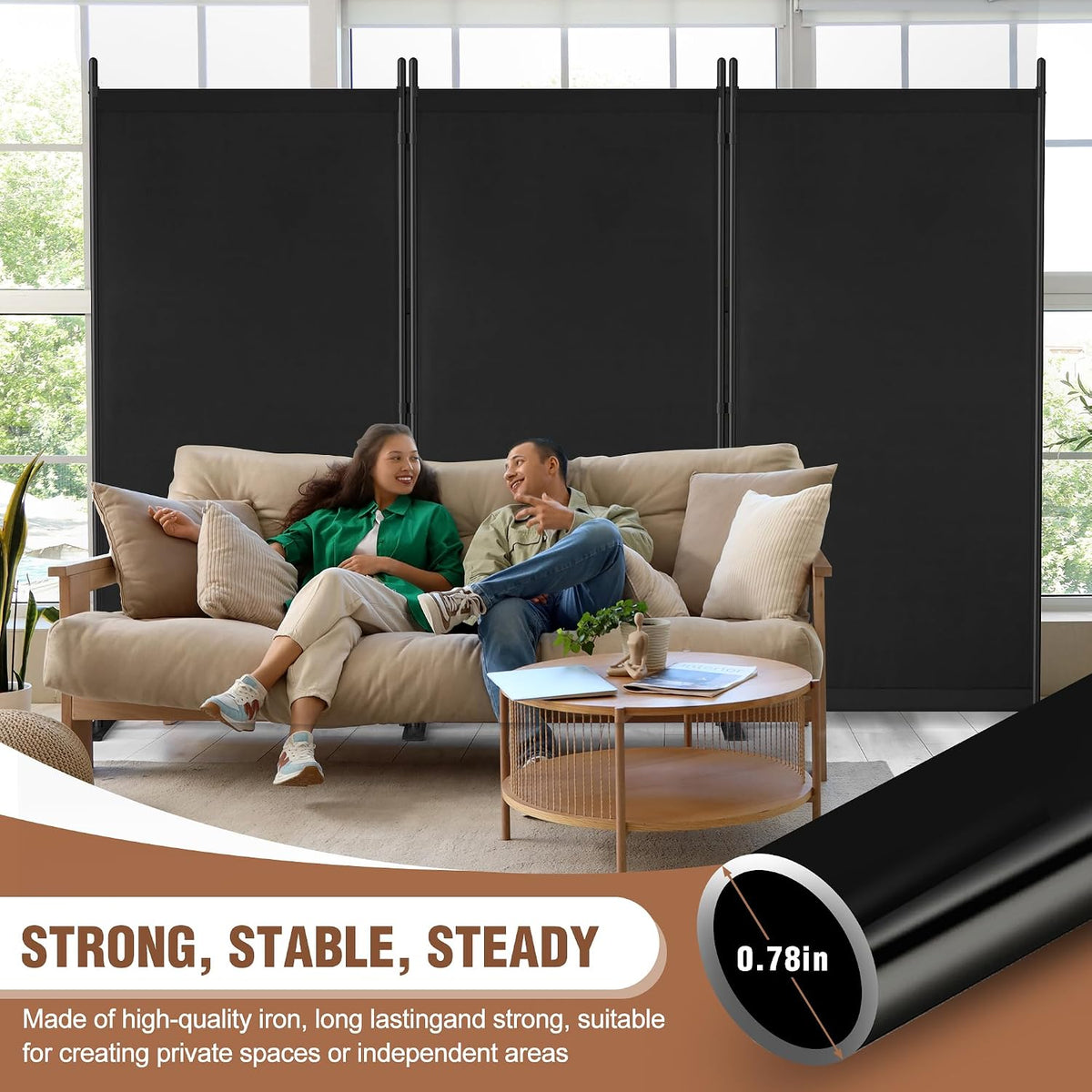 Room Divider 6FT Folding Privacy Screen for Room Separation, 3 Panel, Black