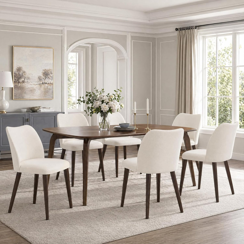 MALOL Dining Chairs Set of 6, Upholstered Fabric Kitchen Chairs with Curved Back, Padded Seat and Solid Wood Legs, Modern Dining Chair for Kitchen Dining Room, Beige