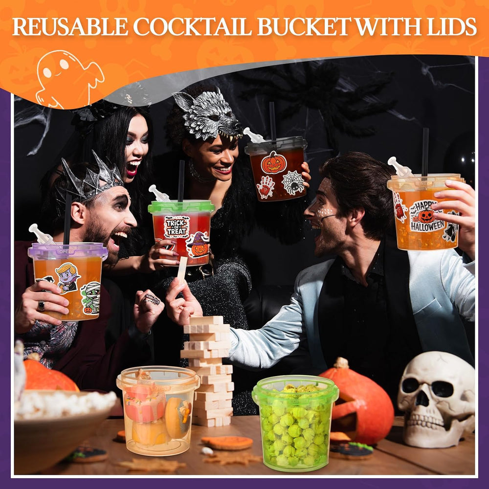 Funnymoom 16 Set Halloween Drink Bucket Cups with Lids and Straw, 34oz