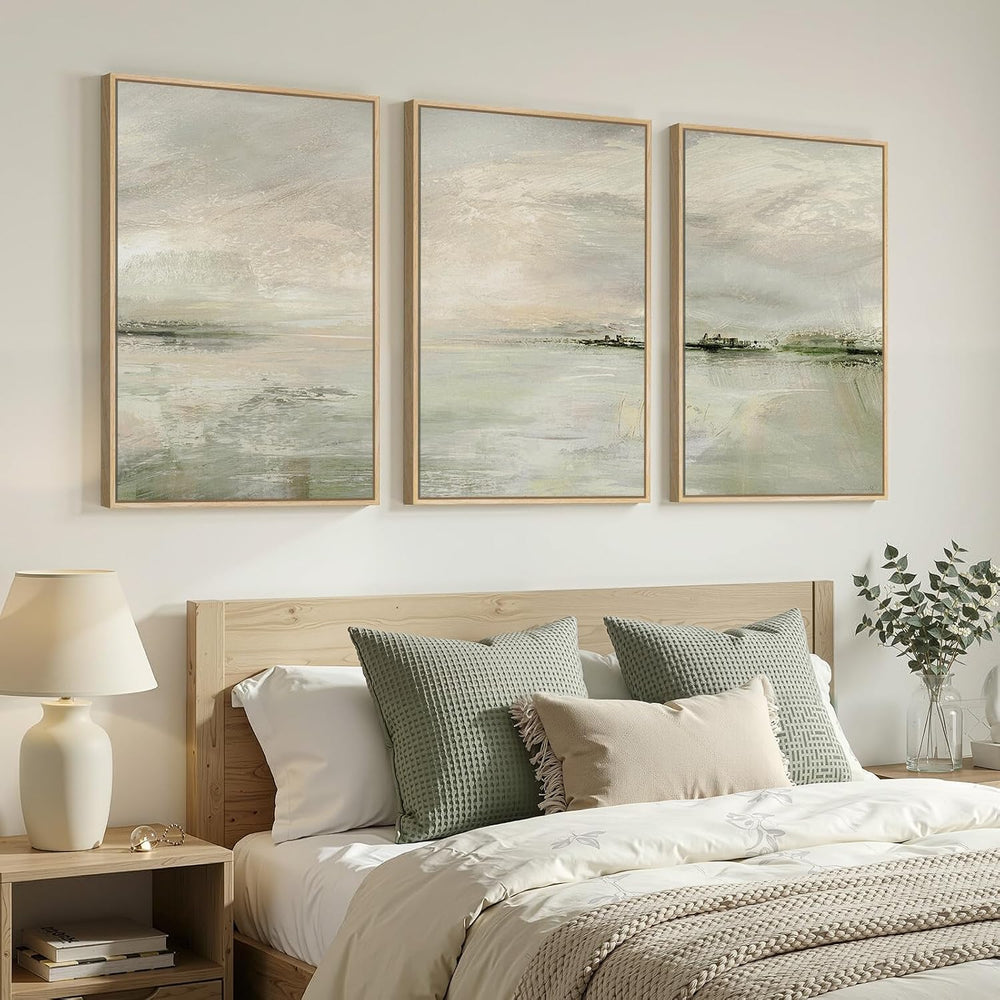 Large Framed Sage Green Abstract Landscape Wall Art for Living Room, 24x36