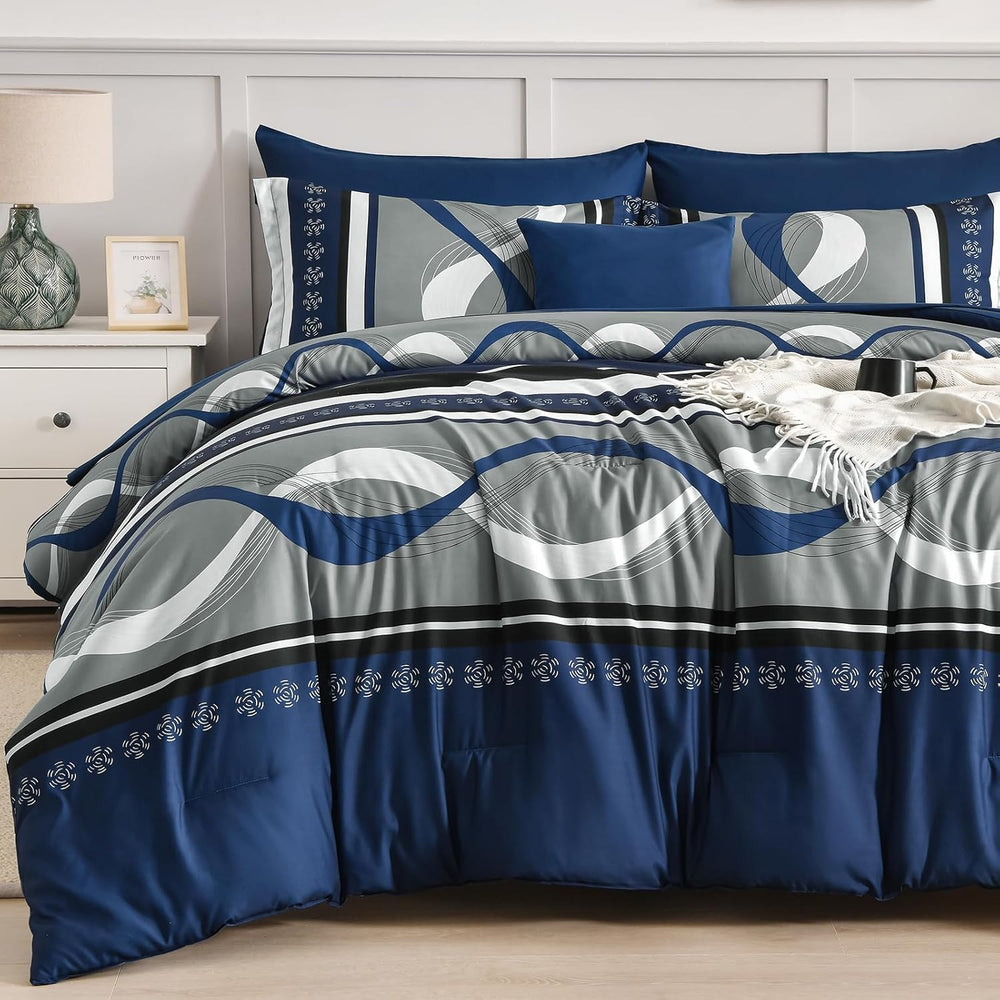 Anibedding King Size Comforter Set,Navy Blue Boho Bed in a Bag