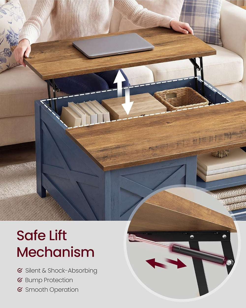 VASAGLE Farmhouse Coffee Table with Storage, Lift Top, Hidden Compartment