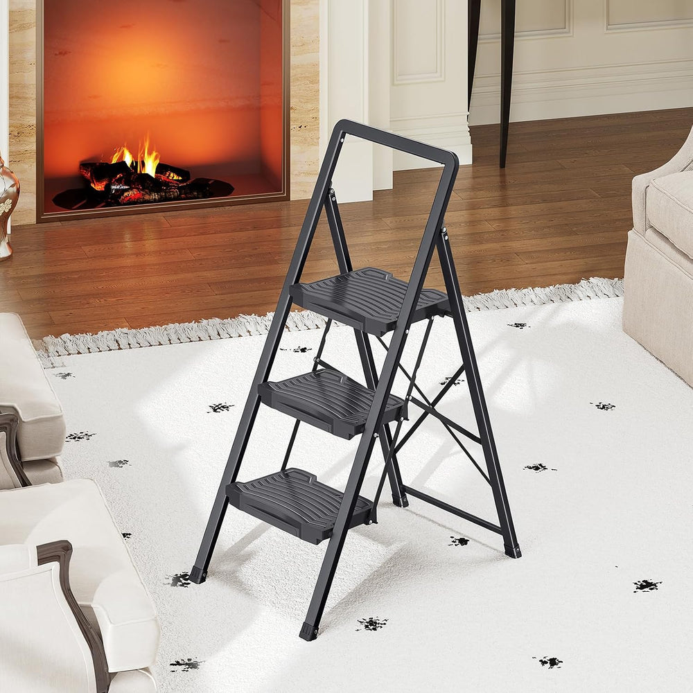 KINGRACK 3 Folding Step Ladder with Handrail, Steel Step Stool, Black