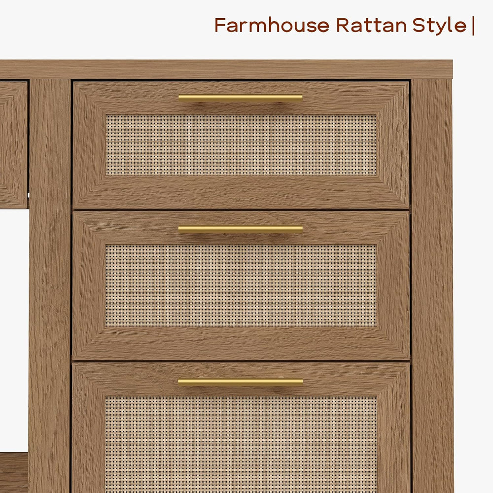 Vabches 47" Farmhouse Rattan Executive Desk with File Drawer, Brown