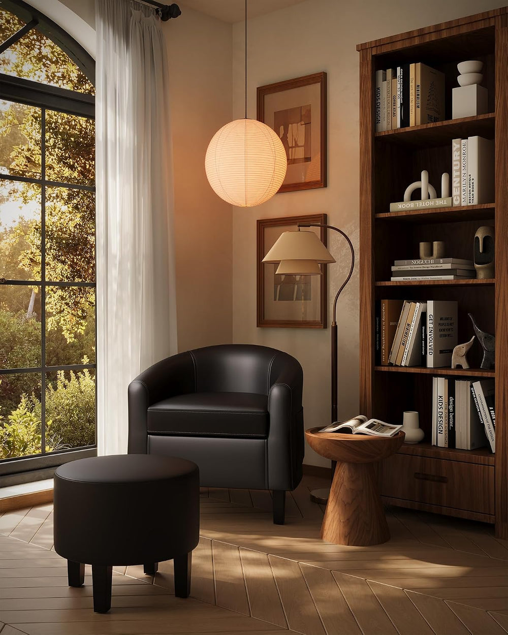 GarveeHome Chair and Ottoman Set, PU Leather Barrel Chair, Small Chair for Be...