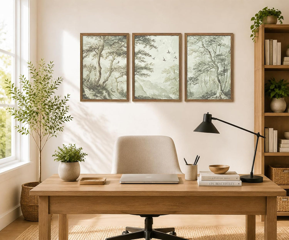 Botanical Forest Wall Art Set of 3 Framed, Vintage Neutral Canvas Prints