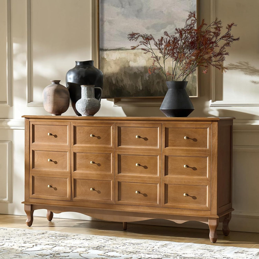 HULALA HOME Transitional Solid Wood Sideboard with Adjustable Shelves, 58" Spacious Storage Sideboard, Versatile Kitchen Buffet Cabinet with Solid Wood Legs, Acorn