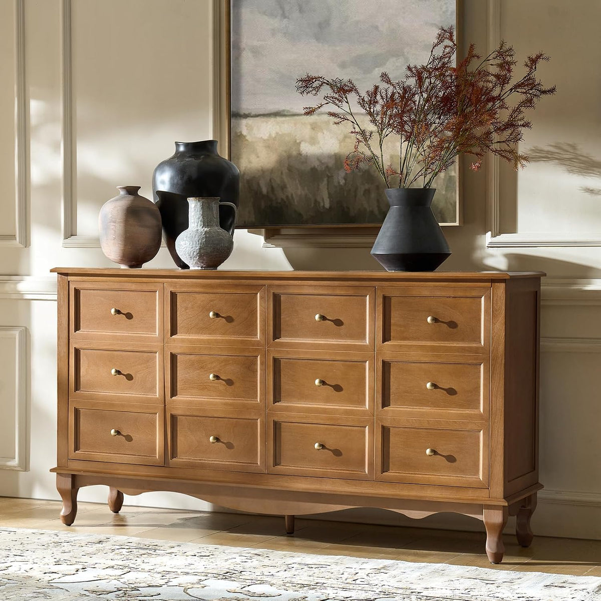 HULALA HOME Transitional Solid Wood Sideboard with Adjustable Shelves, 58" Spacious Storage Sideboard, Versatile Kitchen Buffet Cabinet with Solid Wood Legs, Acorn
