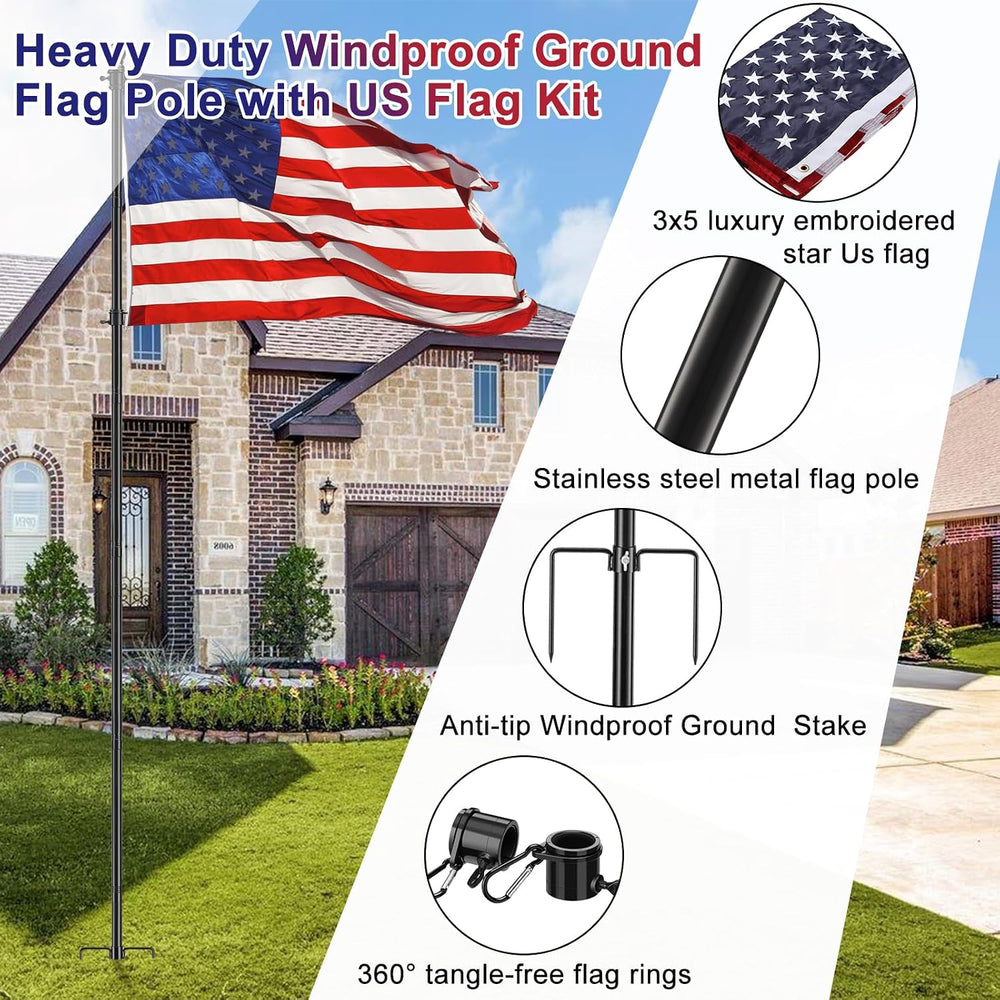 Ground Flag Pole Kit, 9.5 ft Adjustable, Stable 3-Prong Stake, 3x5 US Flag