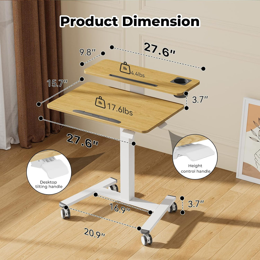 28" Mobile Standing Desk, Tiltable Top with 2-Tier Shelves, Maple