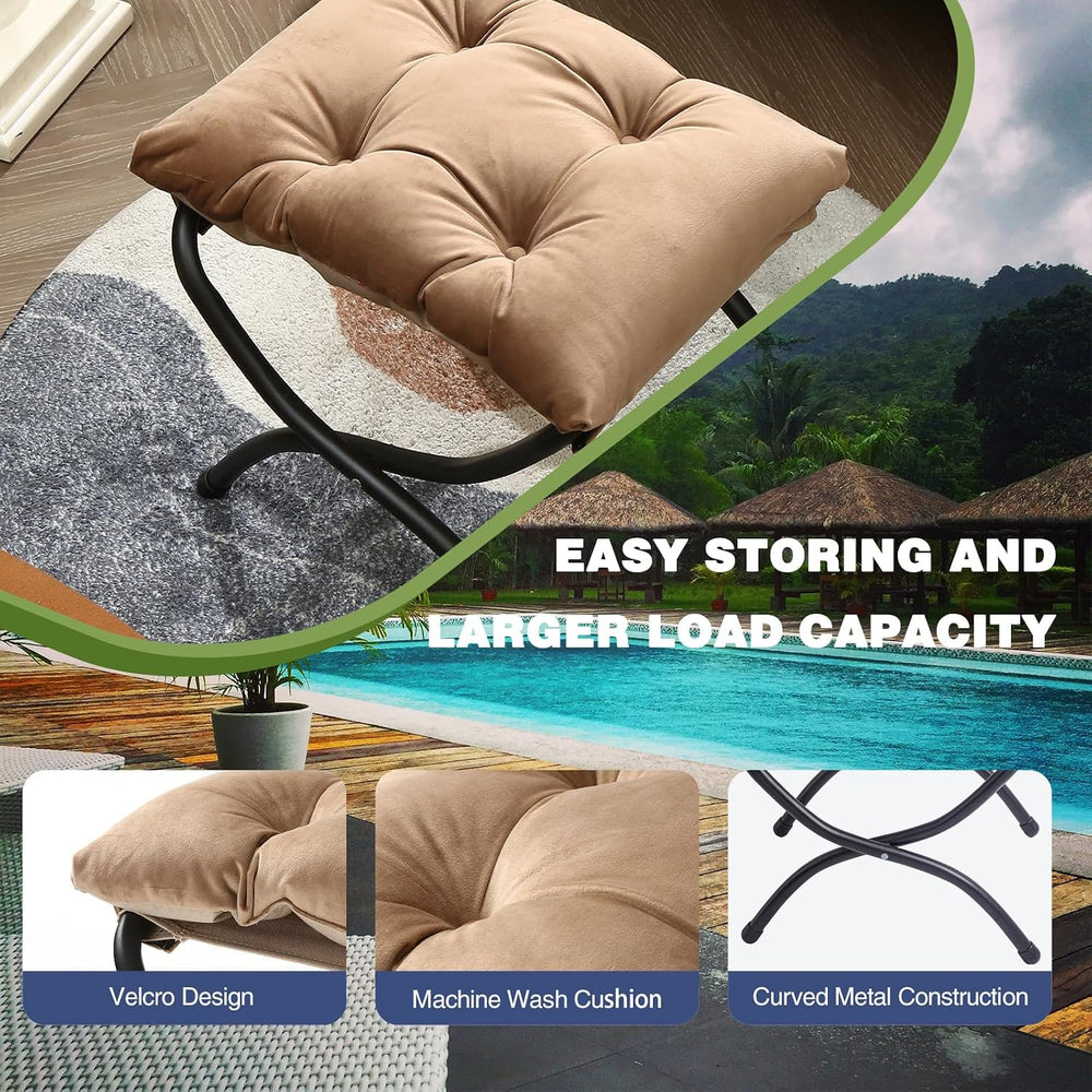 15" Upholstered Folding Foot Rest Stool with Foldable Metal Frame Khaki