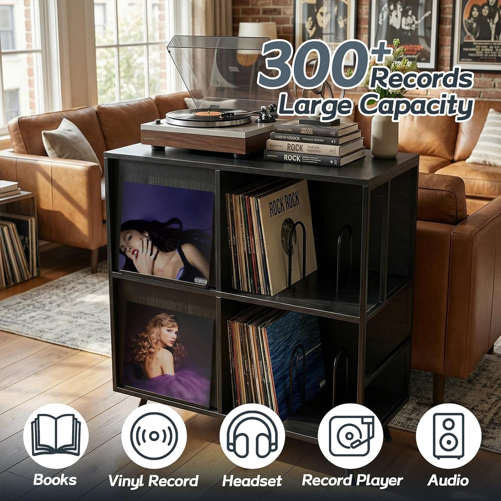 Faesun 3 Tier Record Player Stand with Flip-Down Record Shelf, Black