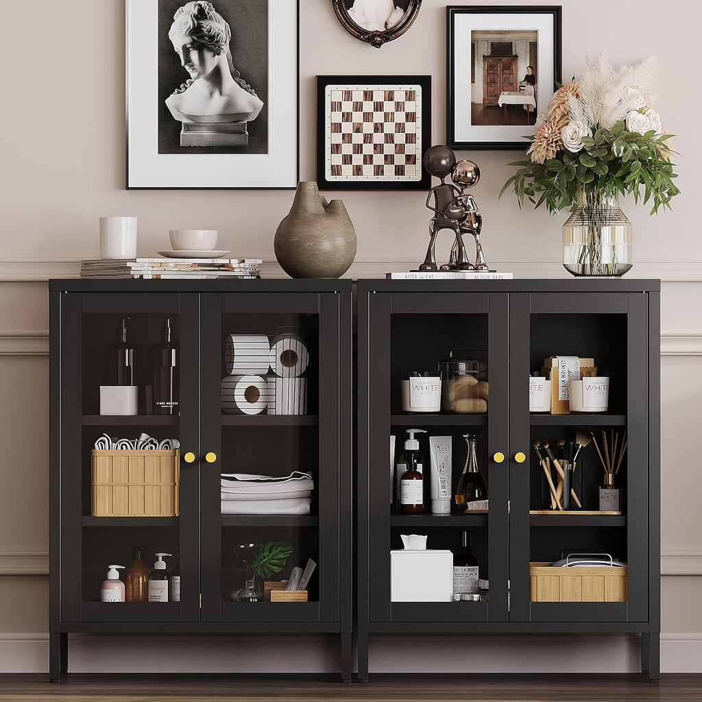 YAUWOH Metal Bathroom Cabinet with Glass Doors,Bathroom Floor Storage Cabinet with 2 Adjustable Shelves & 2 Doors, Sideboard for Small Spaces, Living Room, Dining Room, Home Office