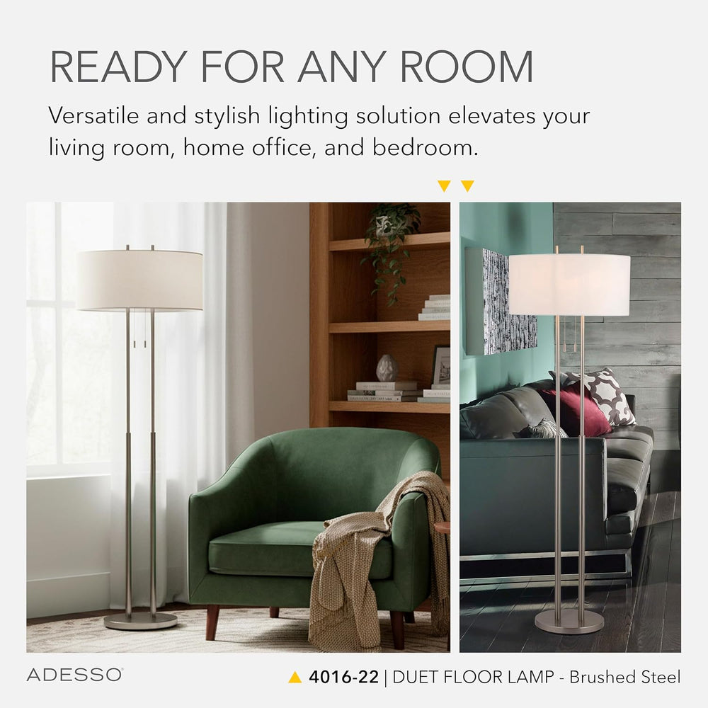 Adesso 2-Light Floor Lamp, Brushed Steel & Ivory, Dual Pull Chains, 62”