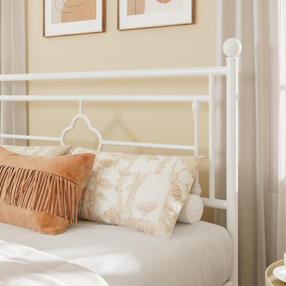 Allewie Full Size Metal Platform Bed Frame, Victorian Headboard, White