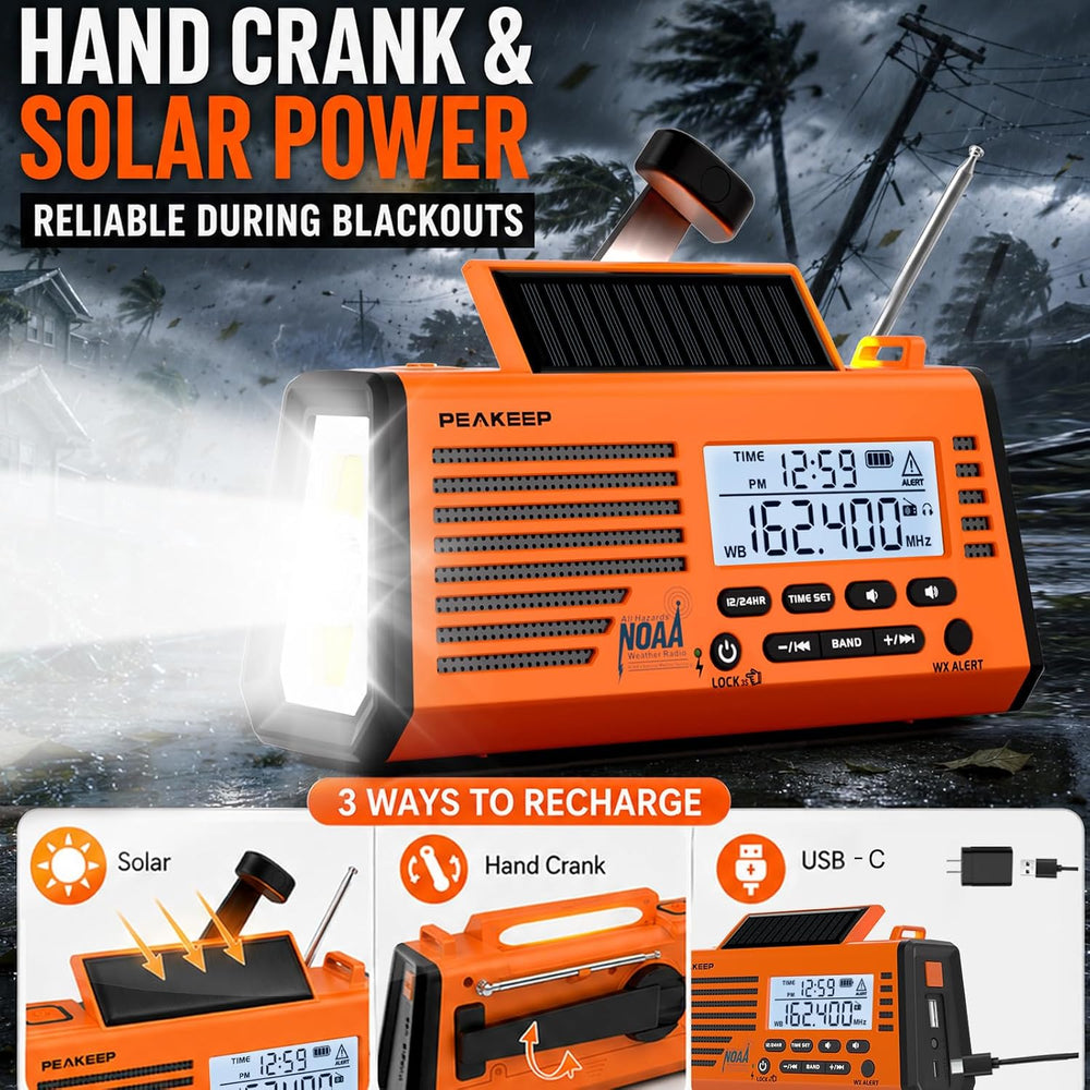Peakeep Emergency Radio NOAA Weather Alert Battery Solar Crank Powered