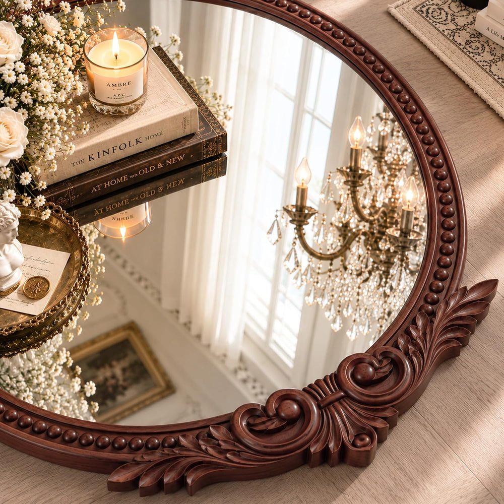 30" Rustic Round Wood Mirror with Beads Walnut Reddish Brown