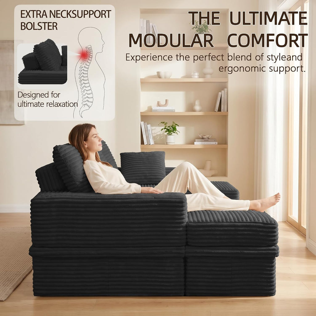 107" L-Shaped Modular Sectional Sofa with Movable Ottoman, Oversized Boneless Couch with Storage for Living Room, Corduroy Cloud Couch with High-Back Extra Deep Seats, No Assembly, Dark Grey