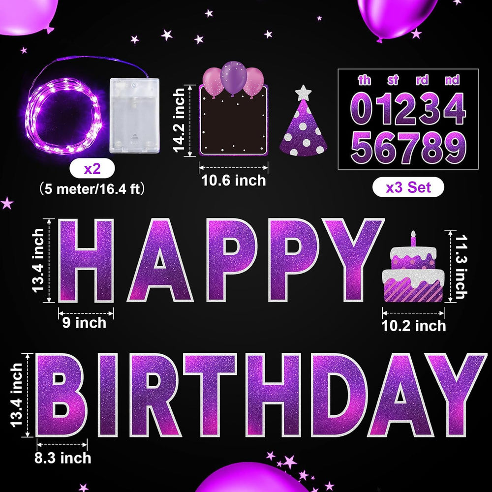 Yerliker 16 Pcs Purple Happy Birthday Yard Signs with Stakes, 32.8 ft LED Lig...