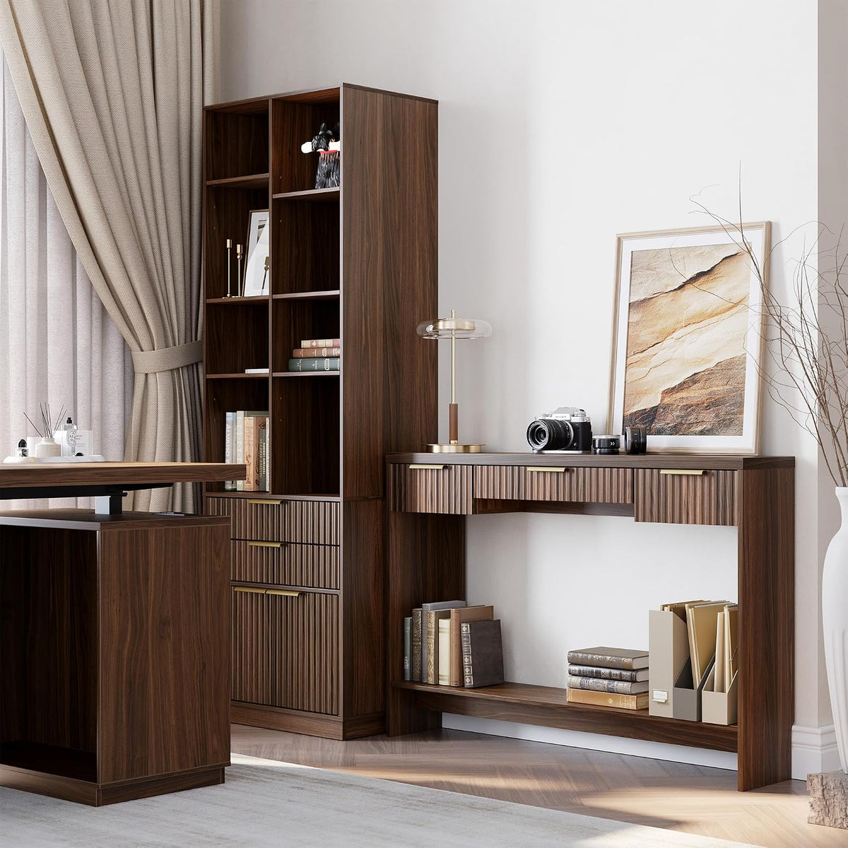 Entryway Console Sofa Table with 3 Drawers, Black Walnut | Fluted Entryway Table with Open Storage Shelf, Narrow Long Behind Couch Sofa Table for Living Room