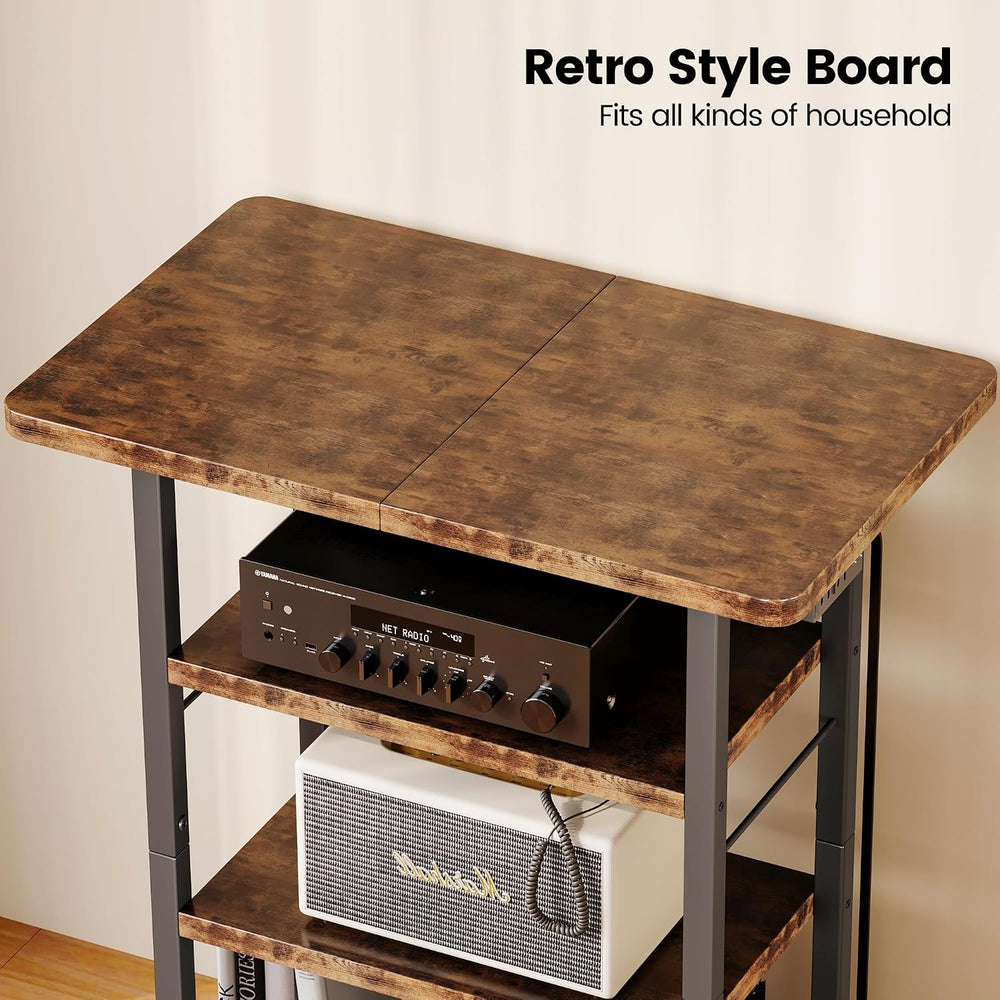 Homeiju 4-Tier AV Media Stand with Power Outlet, Wooden Record Player Stand, ...