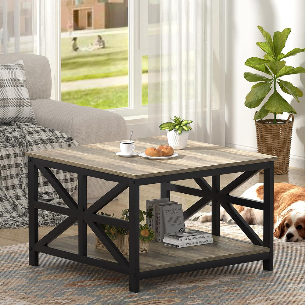 GreenForest 27.55 Inch Square Coffee Table with 2 Tier Storage