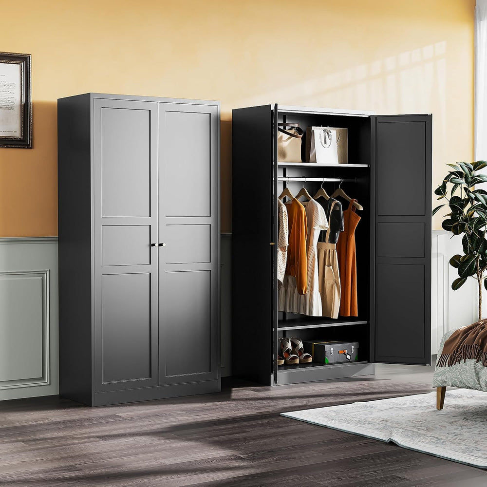 SISESOL Metal Wardrobe Cabinet with Hanging Rod,Black Armoire Wardrobe Closet...