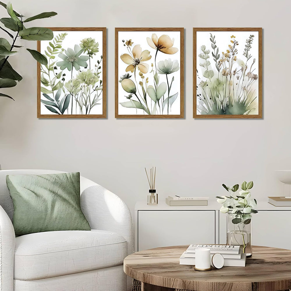 Wood Framed Sage Green Botanical Wall Art Set of 3, Boho Floral Canvas Wall D...