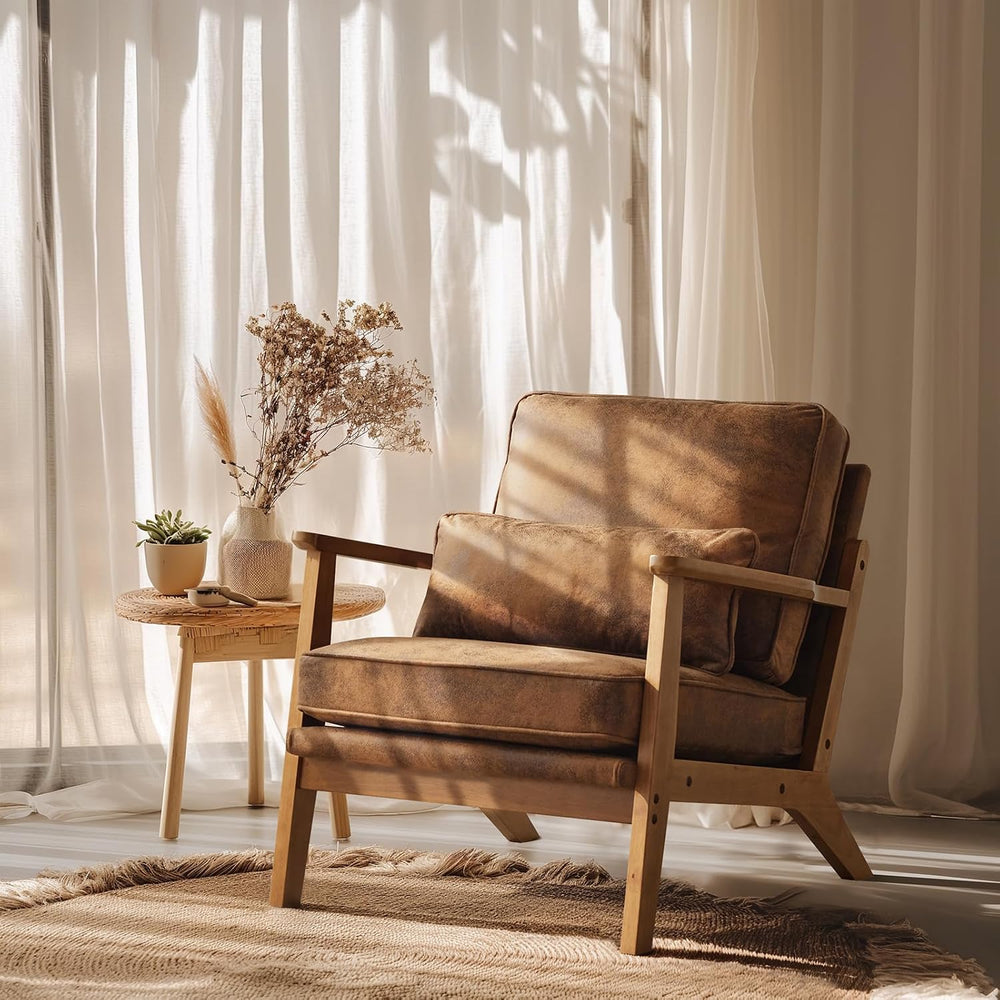 VINGLI Solid Wood Wide Armrests Accent Chair,Upholstered Mid Century Modern C...